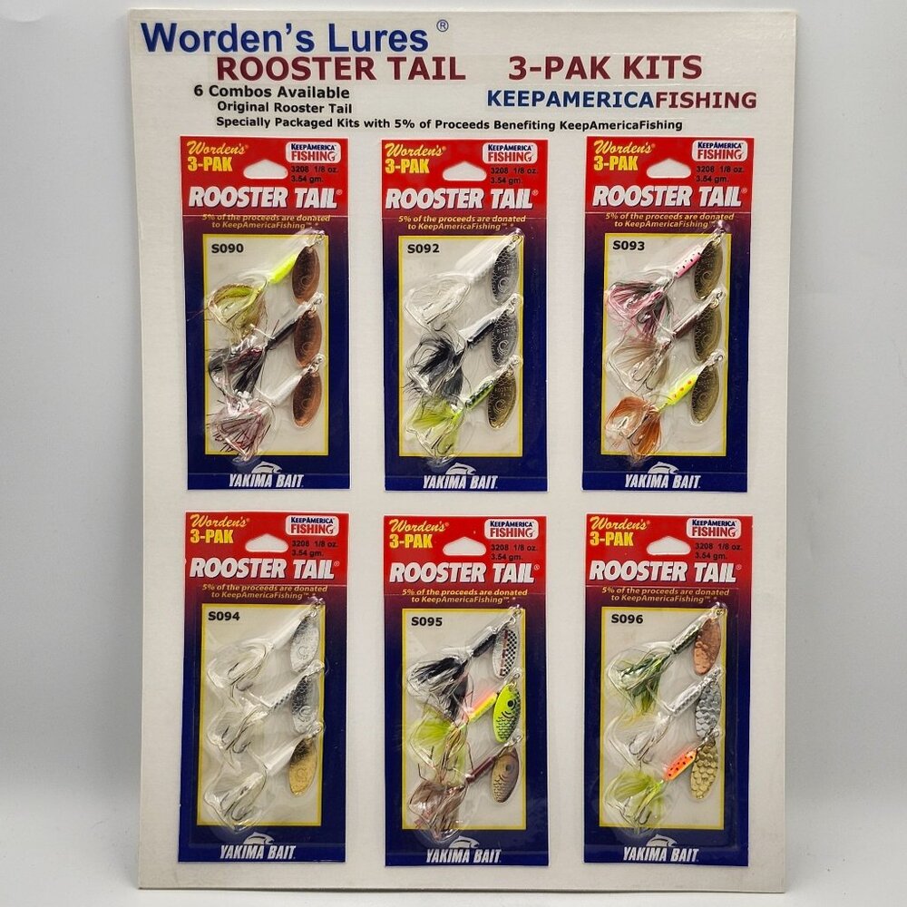 Yakima Wordens Rooster Tail 3-Pack Fishing Lures Sample Display Board 820666